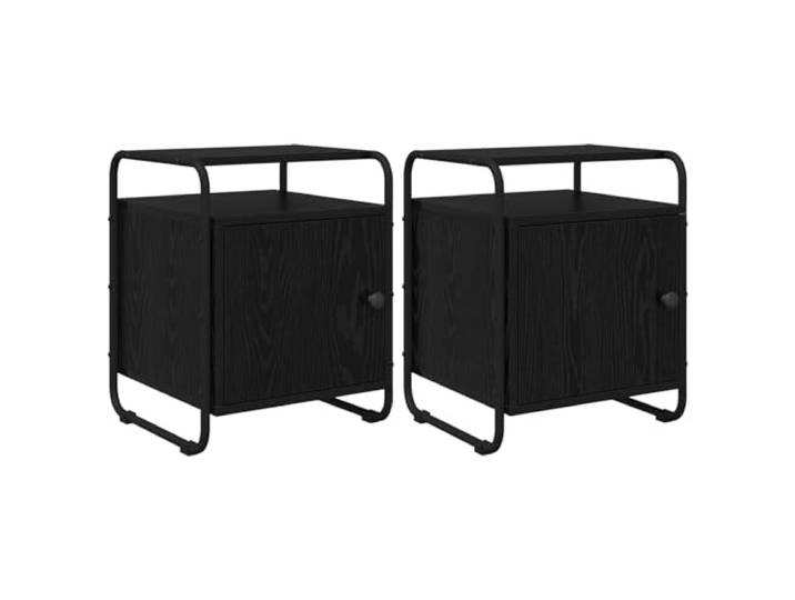 PUGYNBK Nachttisch, 2 Stück, Eiche, Schwarz, technisches Holz Kompakt für Schlafzimmer, Türen mit Scharnieren, Griffe aus mattem Metall, Gestell aus verzinktem Stahl