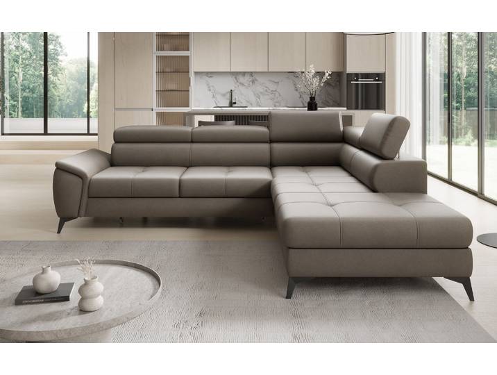 Designer Ecksofa Aveline mit Schlaffunktion und Stauraum in Echtleder - Sand - Rechts - Luxusbetten24