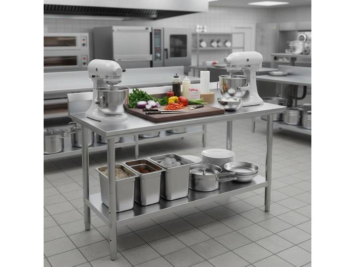 Table de travail de cuisine en acier inoxydable 60x76x80 cm, plan de travail de cuisine à 2 niveaux, table de travail en acier inoxydable pour préparation
