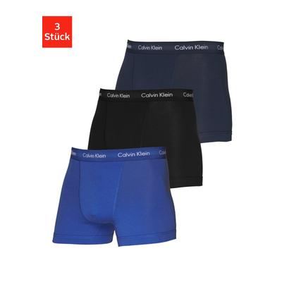 Trunk "CK TRUNK 3 PACK", Herren, Gr. M, 3 Stk., Jersey, blau (blau, dunkelblau, schwarz), Jersey, Obermaterial: 95% Baumwolle, 5% Elasthan, CALVIN KLEIN UNDERWEAR, unifarben, Unterhosen, in blautönen mit Logo-Elastikbund, Topseller