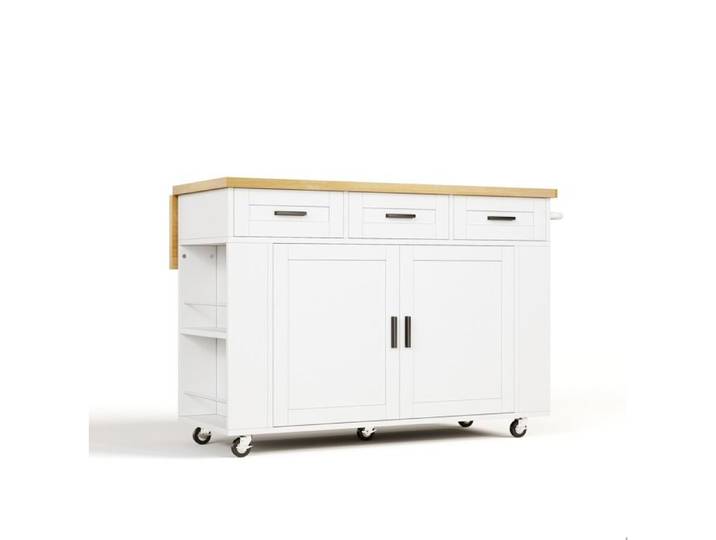 Îlot central de cuisine mobile – chariot de cuisine MDF – plateau rabattable – blanc effet bois