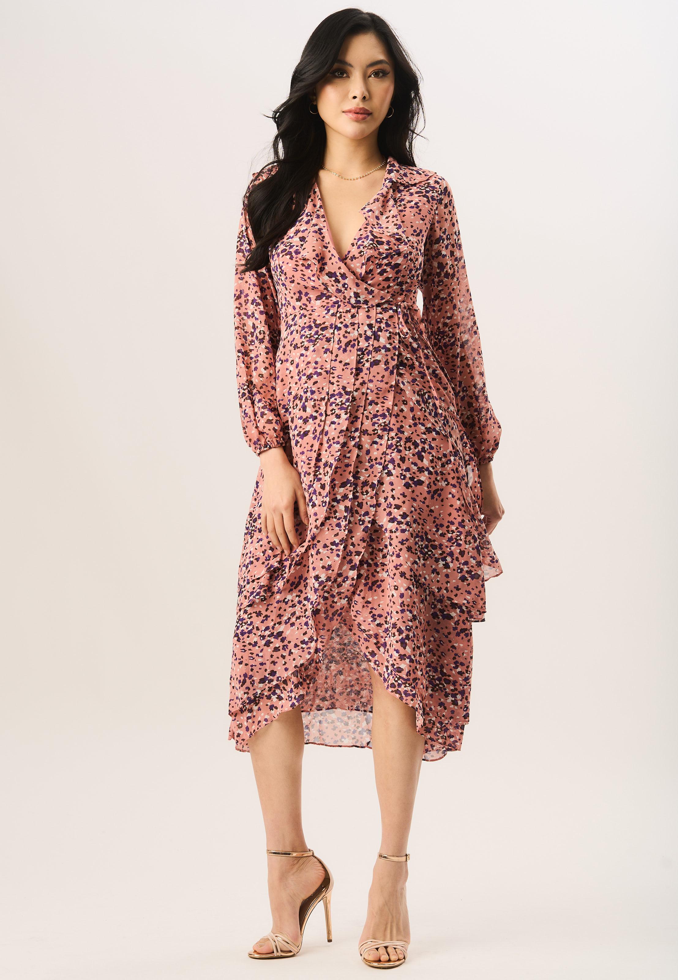 Multi Animal Ruffle Layer Wickelkleid