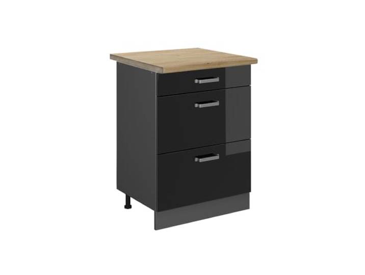 Vicco Küchenunterschrank R-Line, Schwarz Hochglanz, 60 cm 3 Schubladen · Arbeitsplatte Eiche · Höhenverst. Füße · Metallgriffe · Frei kombinierbar