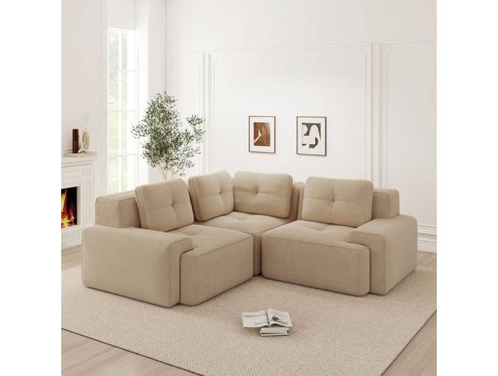 Canapé modulable 4 places d angle en velours côtelé beige assise profonde sans montage