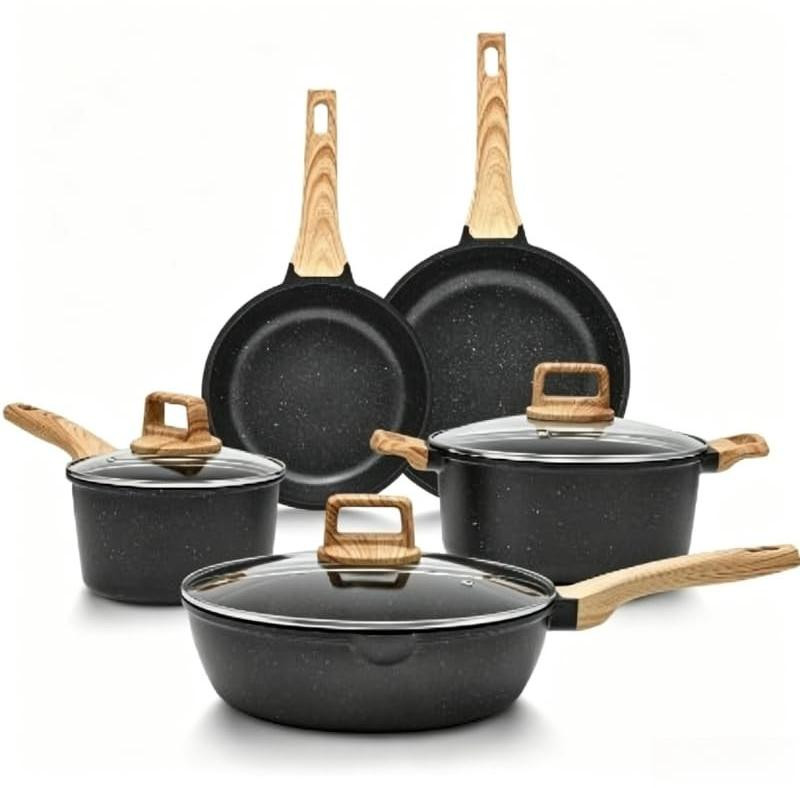 Solidchoice 8-delige set granieten kookgerei met houten handgrepen