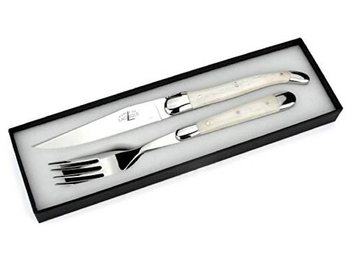 Forge de Laguiole - Steakbesteck - Griff Knochen - Besteck Frankreich - Steakmesser und Gabel - Stahl hochglanz
