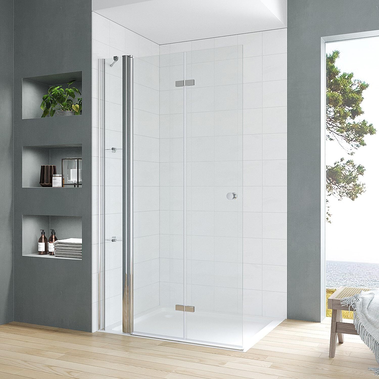 AQUABATOS Walk in Dusche 120x187cm Duschwand Drehfalttür 5 mm ESG Klarglas Duschabtrennung mit Duschablagen