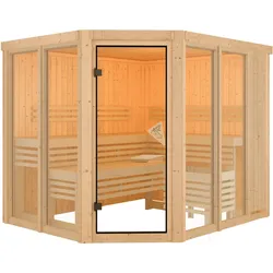 Karibu Sauna Araya Superior mit Eckeinstieg 68 mm Ohne Dachkranz 9 kW Ofen inkl. Steuergerät