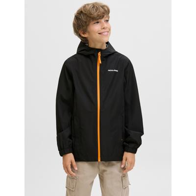 Regenjacke JACK & JONES JUNIOR "JJEFLYNN RAIN JACKET SN JNR", Jungen, Gr. 164, schwarz (schwarz detail:schwarz cheddar zipper), Web, Obermaterial: 100% Polyester, unifarben mit Farbeinsatz, regular fit normal, elastischer Bund, Jacken Regenjacke