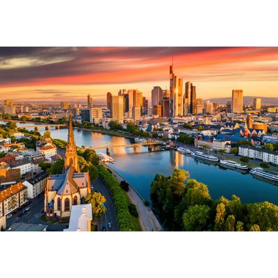 Fototapete PAPERMOON "FRANKFURT-MAIN SKYLINE WOLKENKRATZER BRÜCKE FLUSS SONNE", bunt, B:3m L:2,23m, Vlies, Tapeten