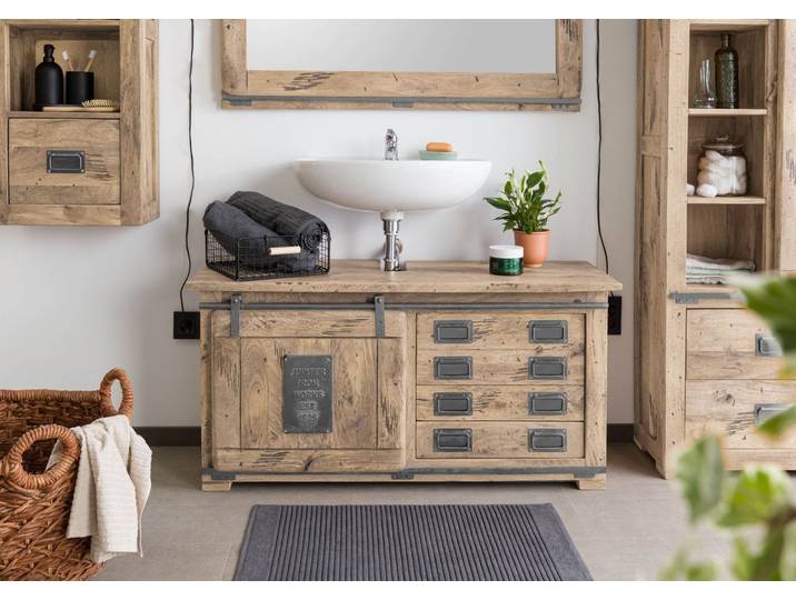 Meuble de salle de bain 120x40 Manguier laqué Whitewash RAILWAY #377