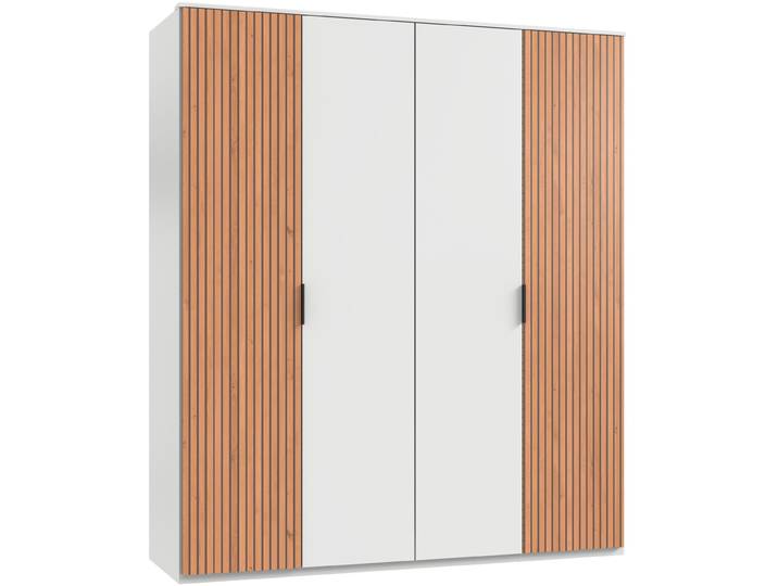 Drehtürenschrank WIMEX Tunis , weiß (weiß, außentüren akustiklamellen nachbildung artisan eiche nachbildung), B:180cm H:210cm T:58cm, Holzwerkstoff, Schränke, Drehtürenschrank, inklusive Kranzleiste, Türen in Lamellen Optik