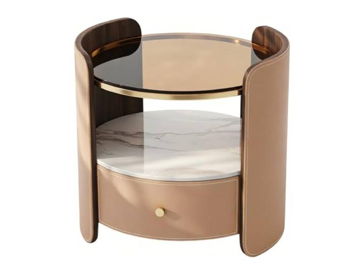 Zimmer Nachttisch mit zylindrischem Korpus, Glasplatte und Steinplatte Regal mit 1 Schublade for Schlafzimmer(Bruin)