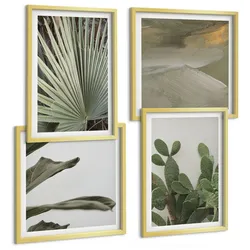 BILDER SET 4er Set - 50x50 cm & 40x60 cm Goldrahmen - Blätter tropischer Pflanzen in Pastellfarben