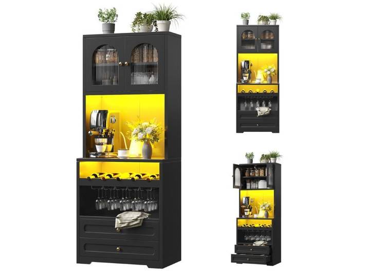 Buffet haut de cuisine Noir meuble moderne avec LED plan de travail 70x40x180cm cuisine salon
