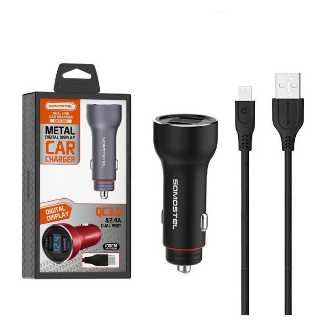 Somostel Auto Ladegerät 5a Schwarz Meter + Kabel Iphone 30w 2xusb Dual Sms-A89 Schnellladung Qc 3.0 (SMS-89 BLACK)