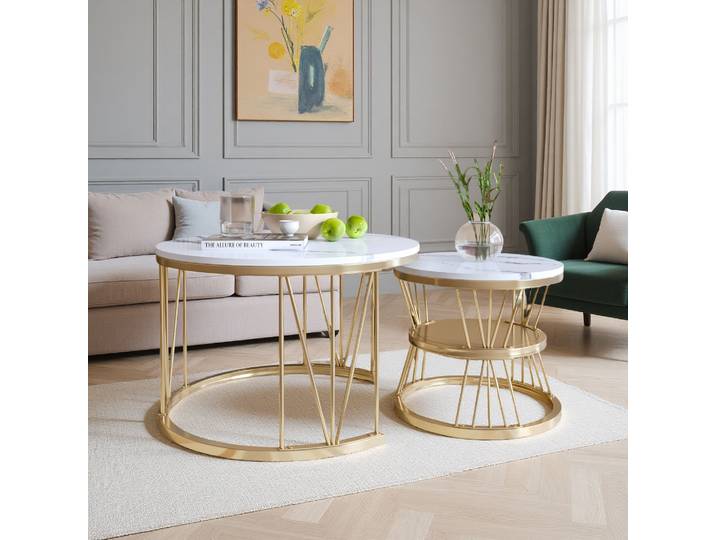 Rosahqnda table basse (lot de 2) table de canapé ronde en marbre ensemble tables cadre en métal salon balcon table d'appoint de bureau