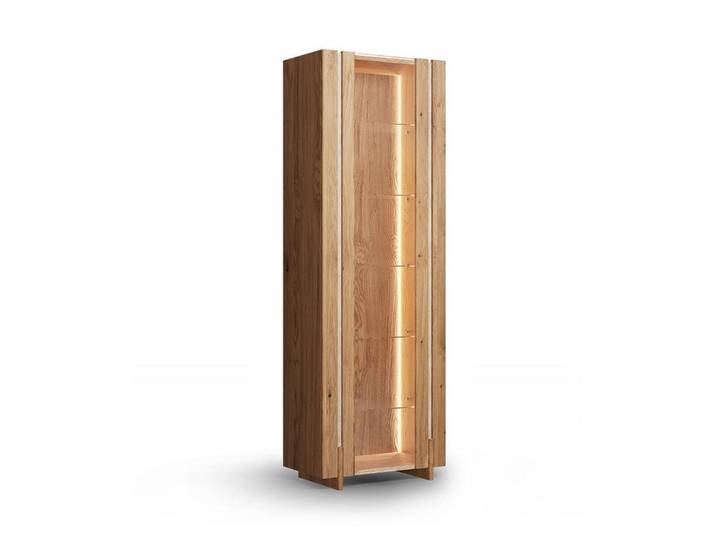 Feldmann-Wohnen Vitrine Travertino (mit Tür, mit Einlegeböden, mit Glaseinsatz, mit Beleuchtung, 1-St., mit Tür, mit Einlegeböden, mit Glaseinsatz, mit Beleuchtung) 68x41x206cm Massivholz Wildeiche Natur, mit Travertin Naturstein
