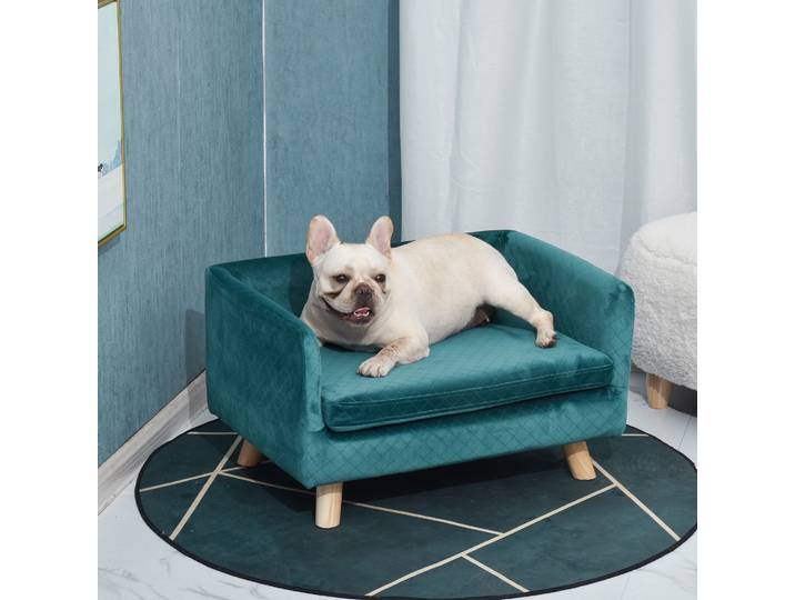 PawHut Canapé Chien Scandinave Velours Bleu 64x45x36cm