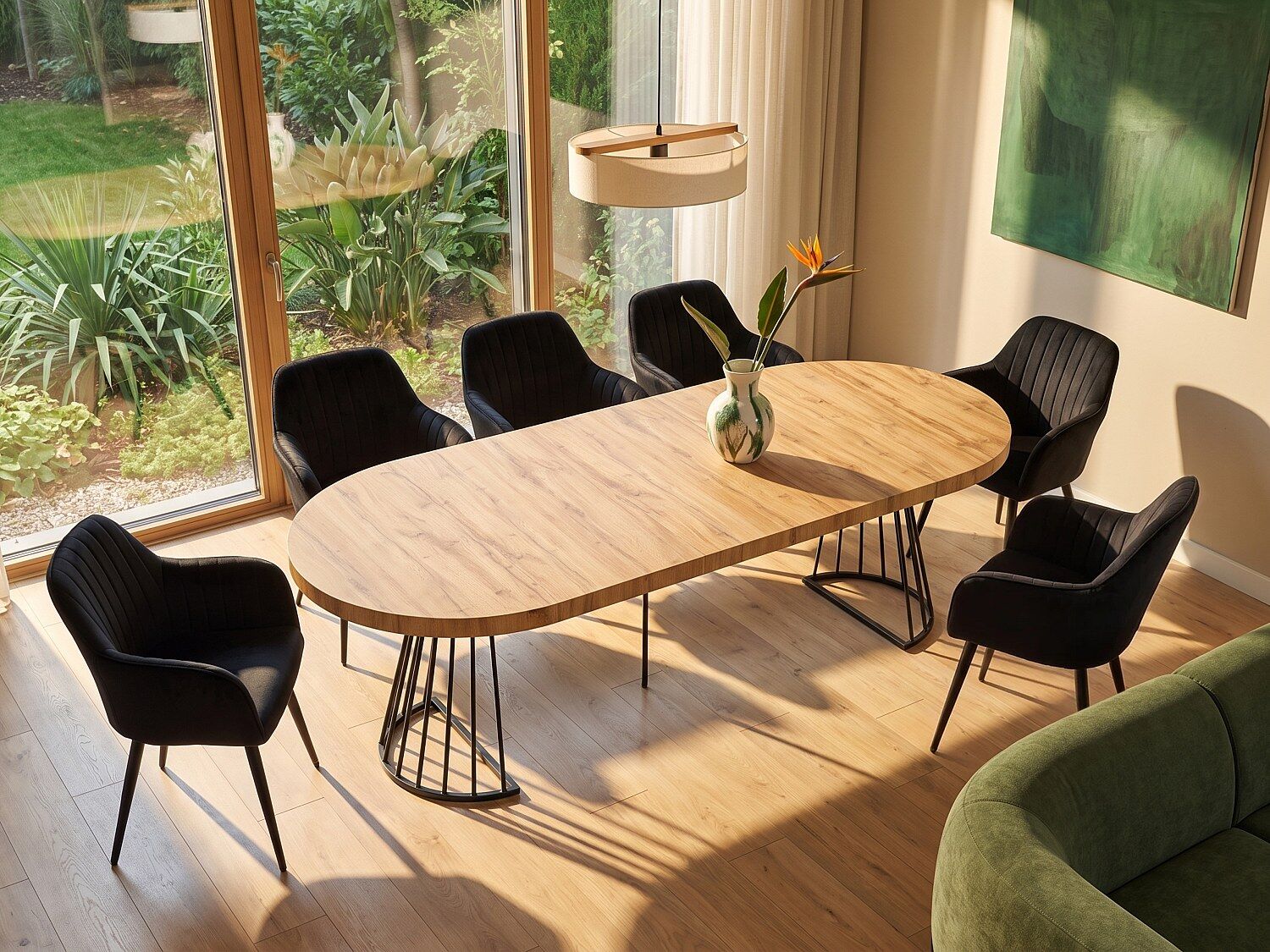 Unique Conjunto de mesa FIRELA + 6 sillas ELEANA - Natural claro y negro
