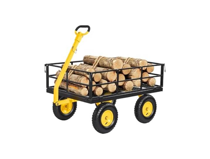 VEVOR Chariot Jardin Acier 544 kg Chariot Transport Robuste Jaune et Noir Pour Fermes\, Entrepôts\, 2 en 1 Remorque ou Tractable en Métal\, avec 4 Pneus Tout-terrain 33 cm\, Côtés Amovibles\, Poignée 180°