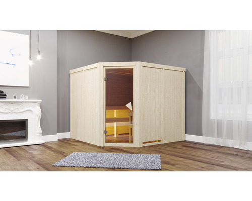 Elementsauna Karibu Malina inkl. 9 kW -Ofen und externe Steuerung ohne Dachkranz mit bronzierter Ganzglastüre
