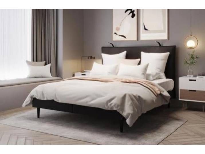 TRADA Polsterbett Calma Bett mit Matratze und Kopfteil 180x200, Schwarz Elegantes Bett auf 18 cm hohen Füßen, Ohne zusätzlichen Bettkasten, Inklusive zwei integrierter LED-Leselampen