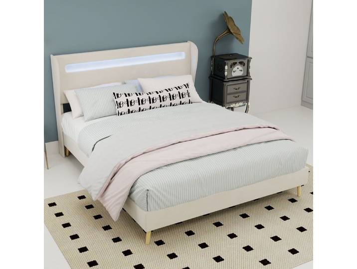 Lit Double 140x200 cm - DREAMMESPACE - Rembourré avec LED - Beige - 2 Places - Montage Facile
