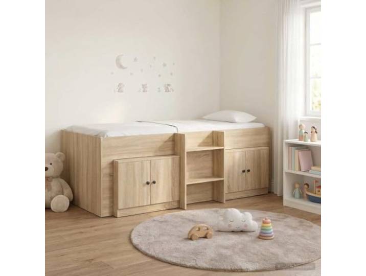 RJPLMFV Hochbettgestell mit Schrank, 3-teilig, Sonoma-Eiche Langlebiges Holzwerkstoff, integrierte Leiter, Lamellen inklusive, platzsparend, geräumige Aufbewahrung