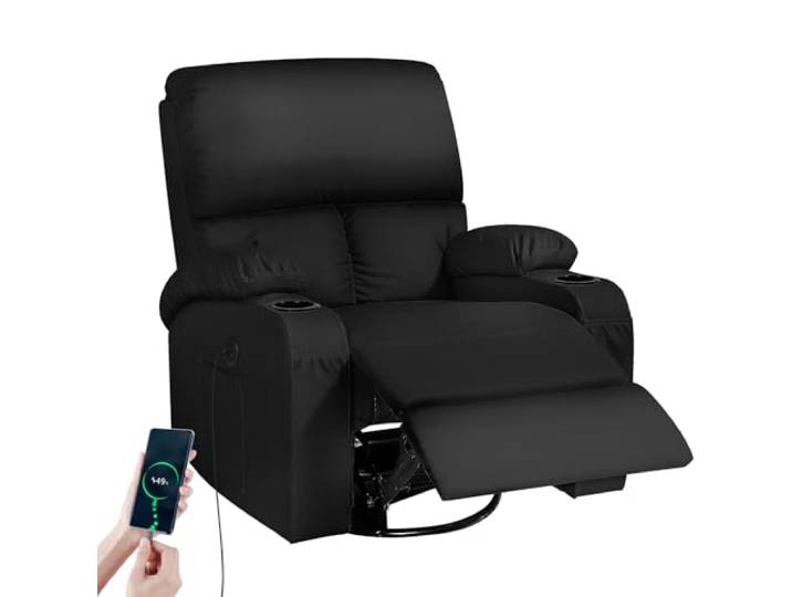 Schaukelstuhl mit Relaxfunktion, Massagesessel mit Vibration und Wärme, USB- und Type-C-Anschlüsse, 360° drehbare Kunstledersessel, Wohnzimmer, Schlafzimmer, Kinderzimmer, Wohnmobil, Schwarz