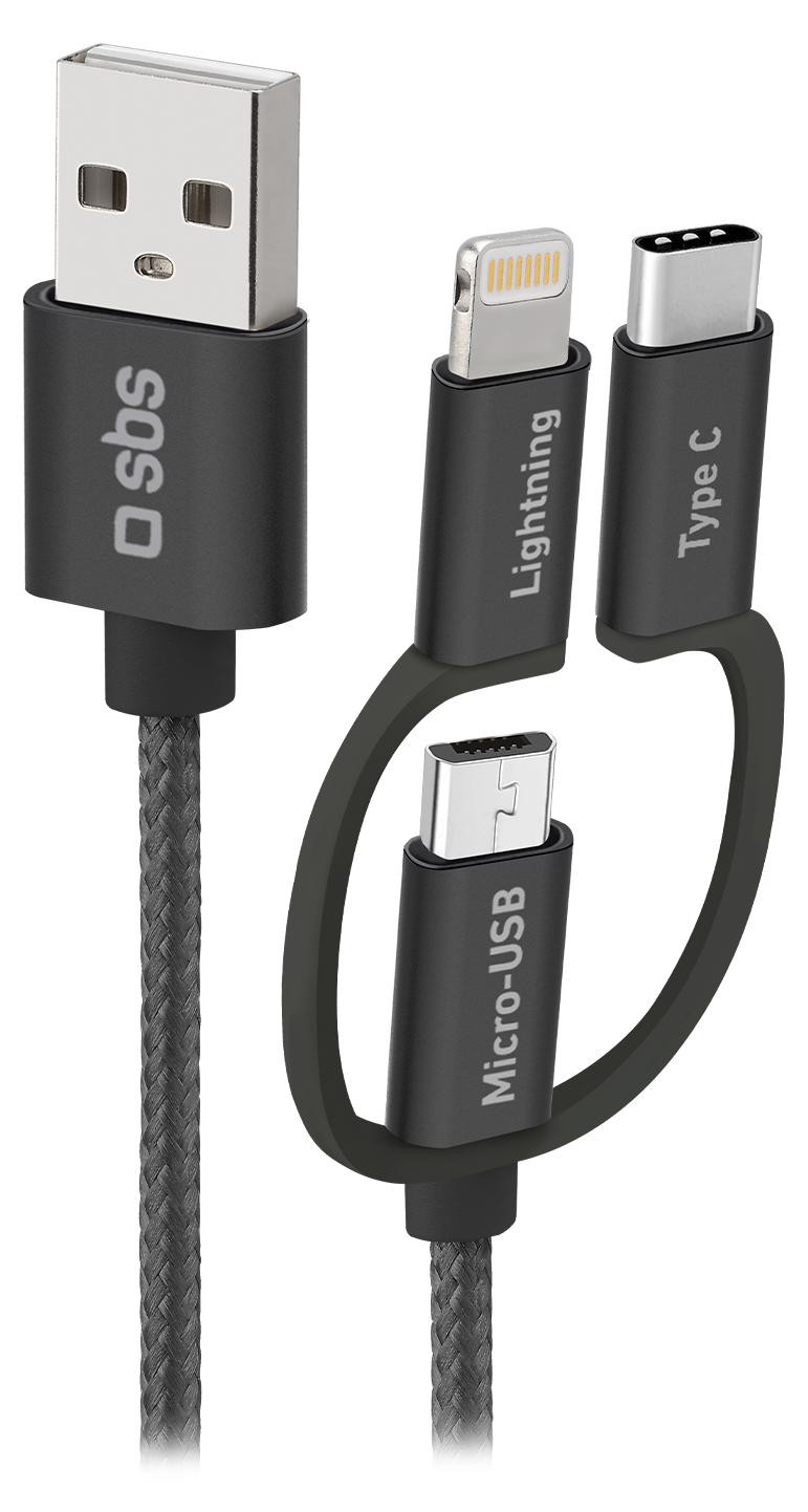 SBS USB-naar-micro-USB-kabel met Lightning- en USB-C-adapter, zwart