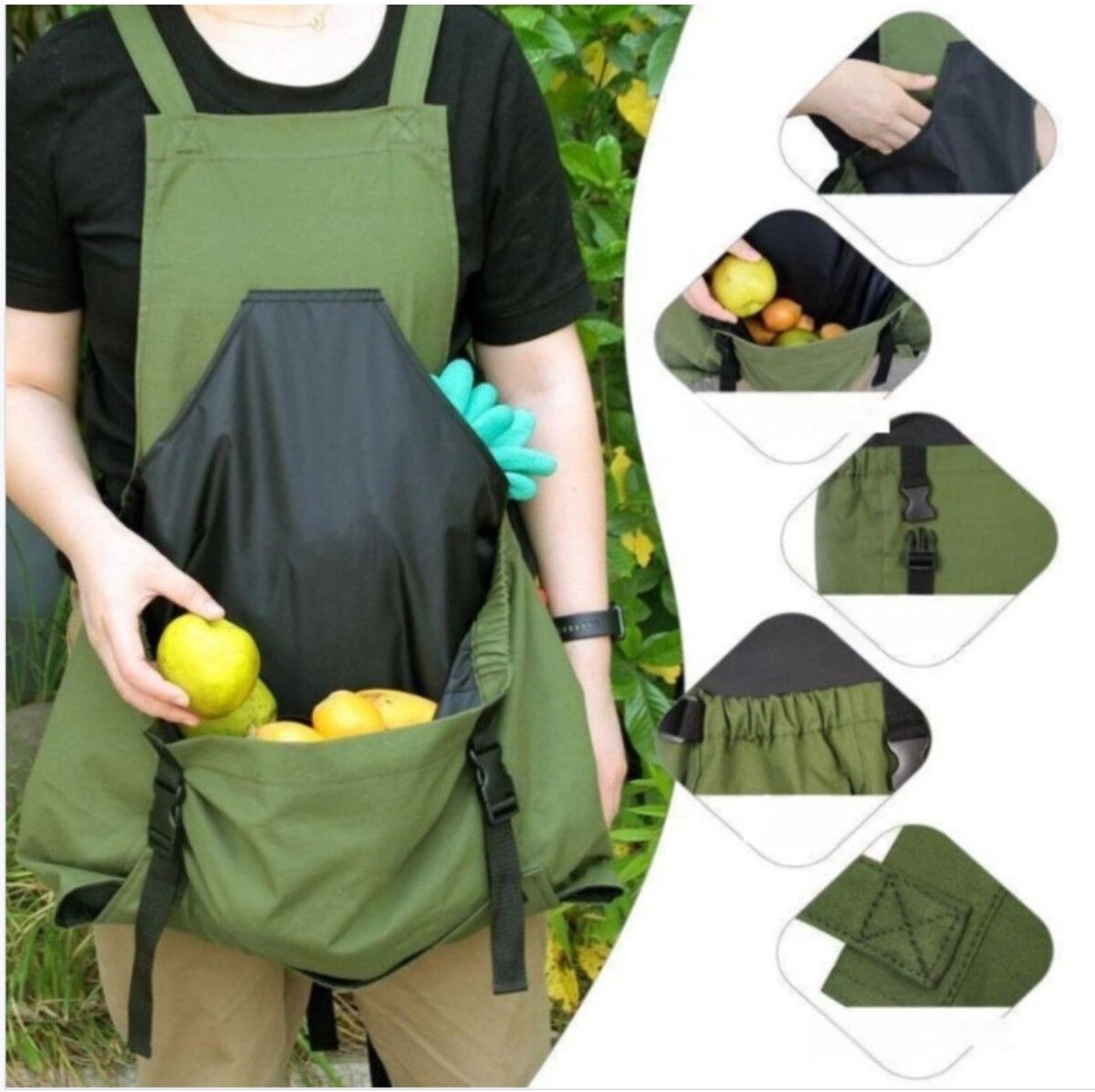 INF Multifunktionale Ernte-Schürze aus Oxford-Tuch – wasserdicht, Schnellverschluss, Gartensammeltasche, Armeegrün