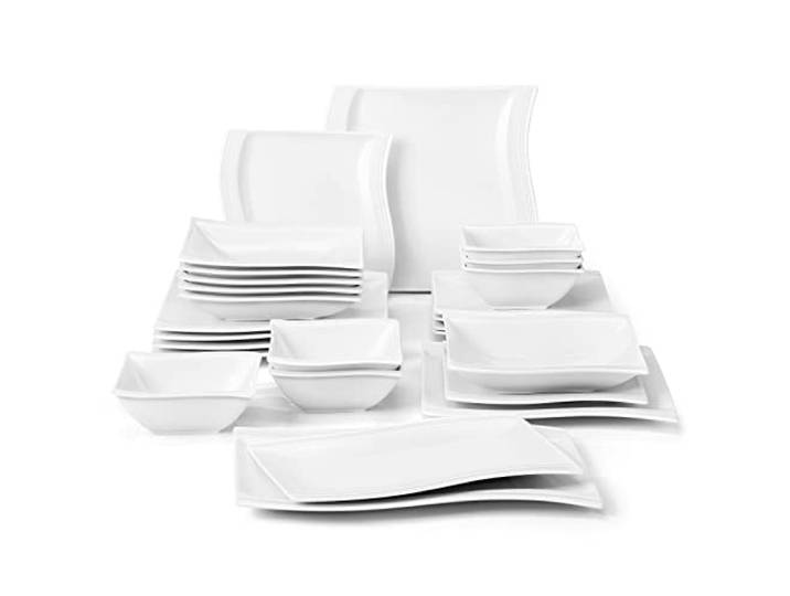 MALACASA Flora Geschirrset eckig 6 Personen 26-tlg Porzellan Teller Set Kombiservice mit je 6 Essteller, Kuchenteller, Suppenteller, Müslischalen & 2 Rechteckig Servierplatten, Weiß