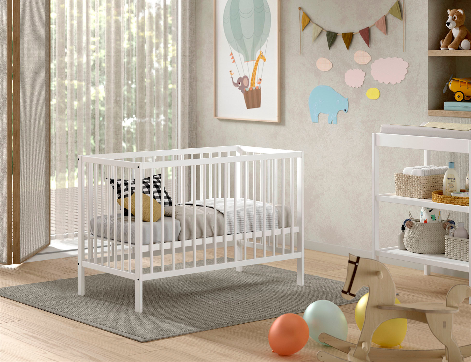 Babybett VIPACK "Dino 60/120 cm mit 3-fach verstellbarem Lattenrost, stabile Bauweise", weiss (weiß), B:124,4cm H:84,4cm T:64,5cm, Massivholz, Babybetten, Babybett, Gitterbett aus massiver Buche, wahlweise in 3 Farben weiß Lattenrost, Liegefläche B/L: 60c
