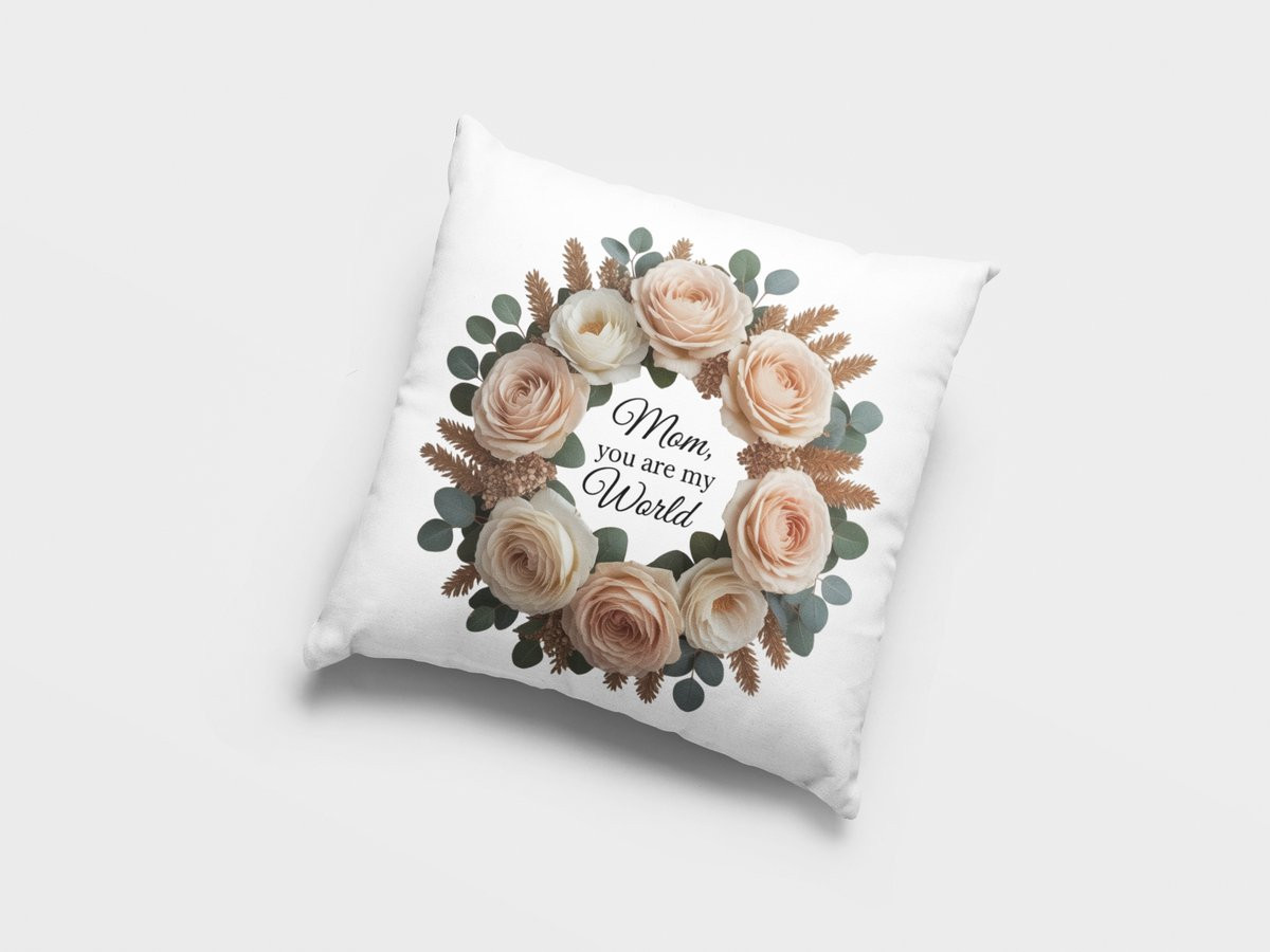 Mama Jij Bent Mijn Wereld Bloemenkrans Sierkussen - Decoratief Kussen voor Moederdag of Verjaardag