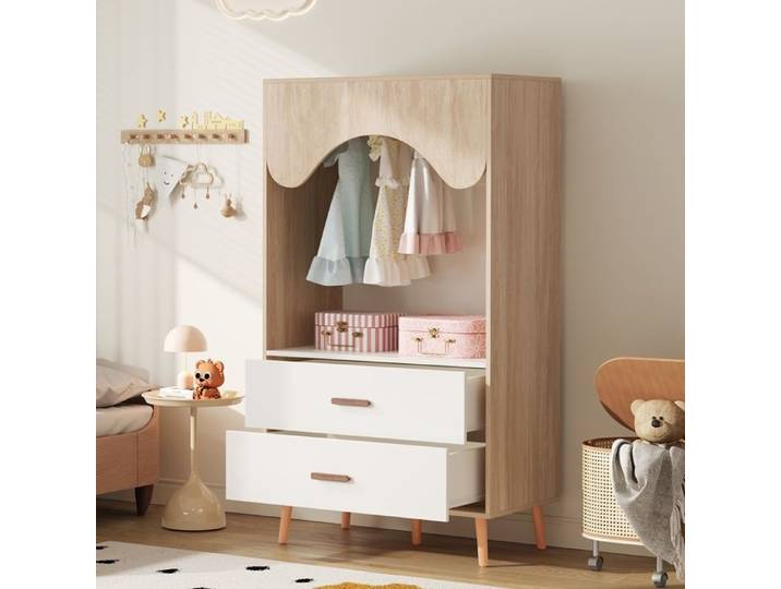 HOMVRA Armoire de chambre ouverte 80×46×141 5 cm avec 2 tiroirs et tringle à vêtements blanc et bois