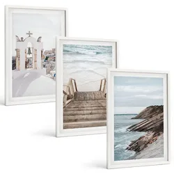 BILDER SET 3er Set - 40x60 cm Weißer Rahmen - Meeresarchitektur Santorin