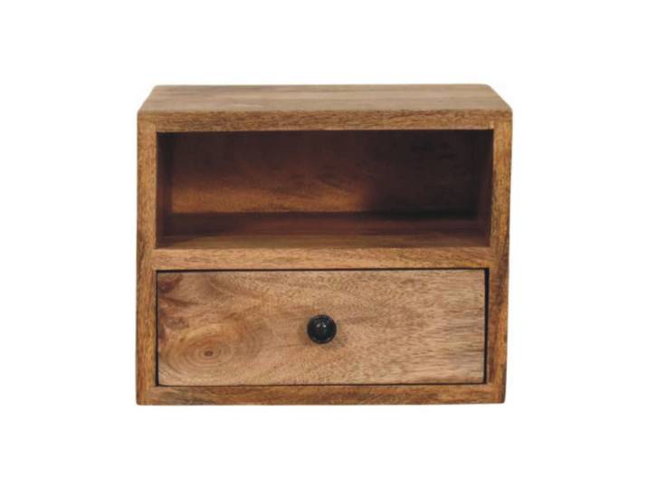 Artisan Furniture Nachttisch Massivholz Solis Oak-ish Wandmontiert, 1 Schublade und Offenes Fach, Hellbraun, Holz, Echtholz,Mangoholz, Quadratisch, 30x24x25 cm, Schlafzimmer, Nachttische