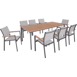 Garden Pleasure Gartenmöbel Set SILEA 03, Tisch 208 x 100 + 8 Stapelsessel, Alu Anthrazit / Nonwood Teak-Optik / Kunststoffgewebe Grau