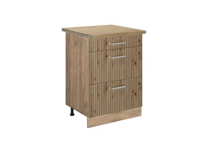 Vicco Küchenunterschrank R-Line , Artisan-Eiche/Goldkraft Eiche 60 cm 3 Schubladen · Arbeitsplatte Eiche · Höhenverst. Füße · Leichter Zugriff · Frei kombinierbar