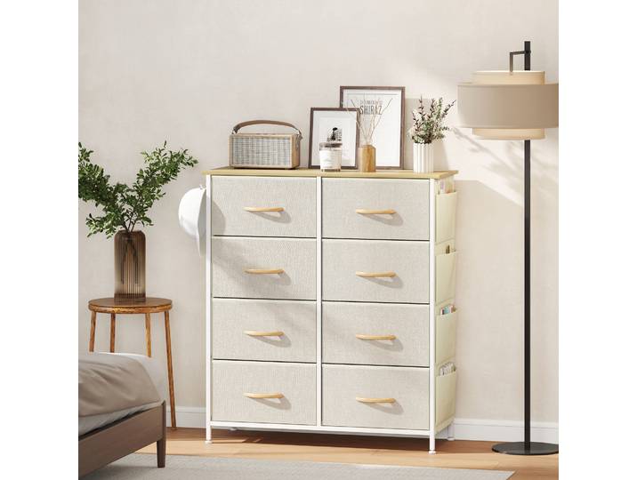 HOMCOM Commode 8 Tiroirs Tissu Beige avec Crochets et Poches