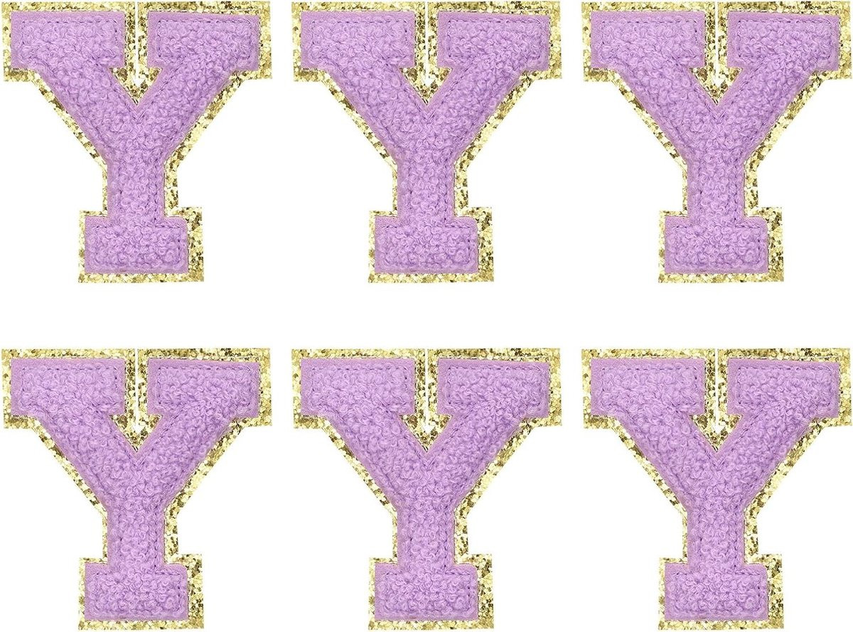Chenille Letterpatches Zelfklevende Letters voor Kleding Repareren Gouden Rand Paars 6 Stuks