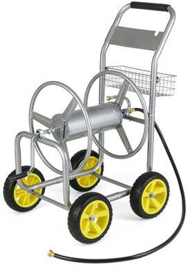 Costway Garden Hose Reel Cart Metal Hose Cart with 4 Wheels and Storage Basket-Silver