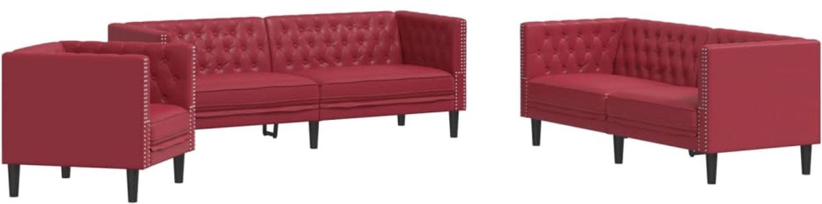 vidaXL 3-delige loungeset in Chesterfield-stijl van kunstleer - wijnrood