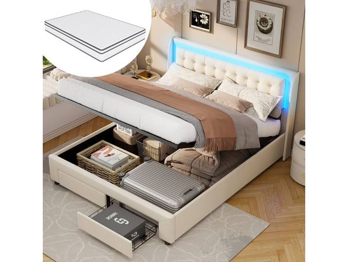 Lit coffre 140x190 cm - LUMINARIX - LUMINARIX - Matelas inclus - LED intégrée - 2 tiroirs