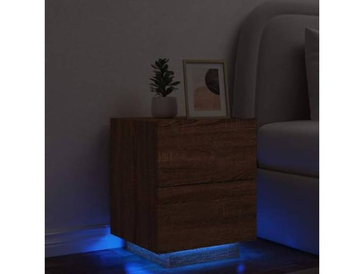 HEFZGDB Nachttisch mit LED-Leuchten Braun Eichen-Optik Holzwerkstoff 2 Schubladen RGB Beleuchtung USB Anschluss Stauraum