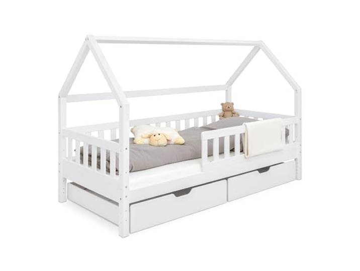 Ehrenkind® Hausbett Lille Kinderbett mit abnehmbaren Rausfallschutz aus Massivholz FSC® zertifziert inkl. Schubladen Hausbett 90x200 Kinderbett 90x200 Weiß