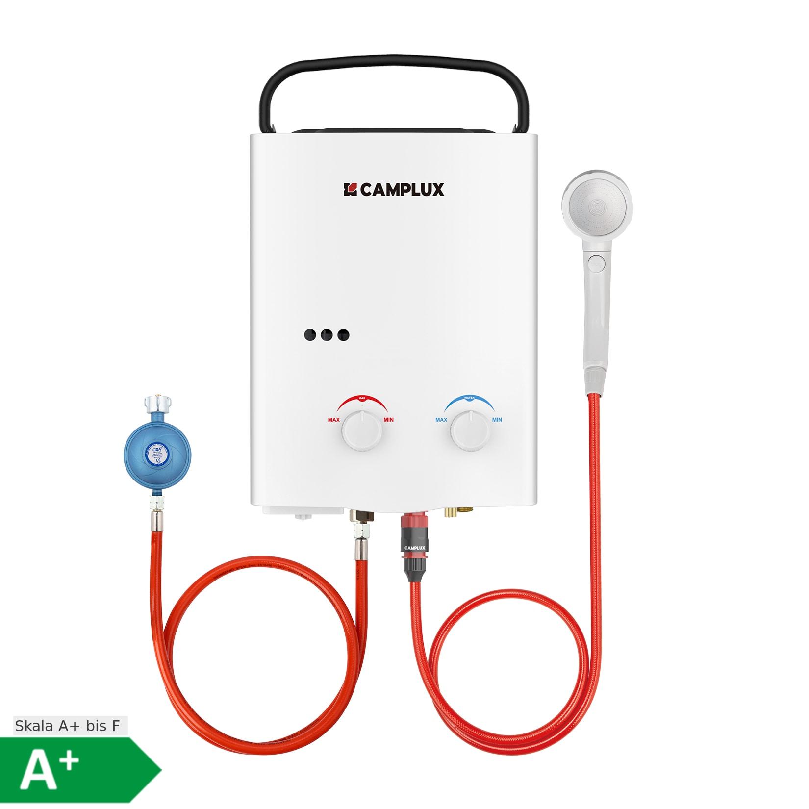 Camplux Tragbarer Gas-Durchlauferhitzer 10 kW, 5 L/min, Weiß