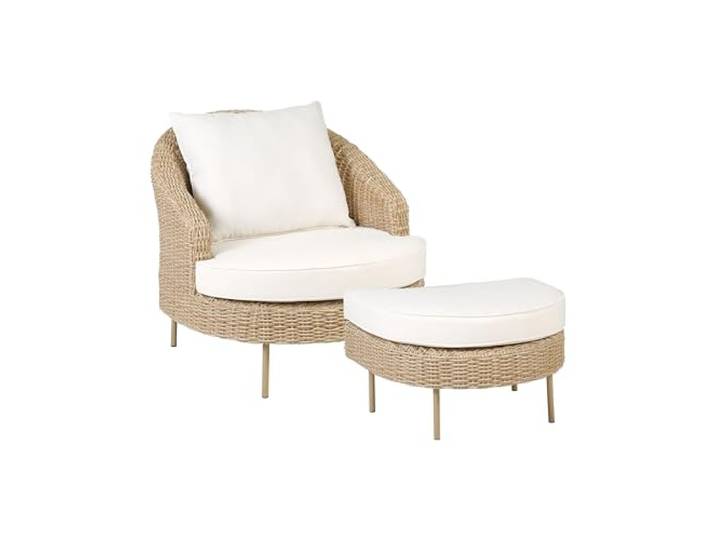 Gartensessel Polyrattan naturfarben mit Fußhocker Auflagen weiß Arcille