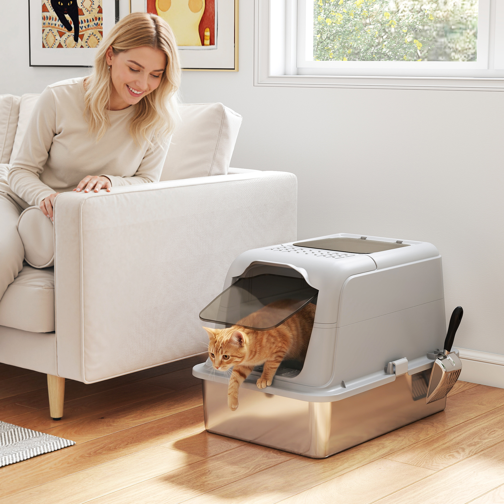 Pawhut Lettiera Gatto Chiusa in Acciaio Inox con Coperchio, 2 Ingresso, Paletta, Sacchetto Deodorante, Grigio Chiaro   Aosom Italy